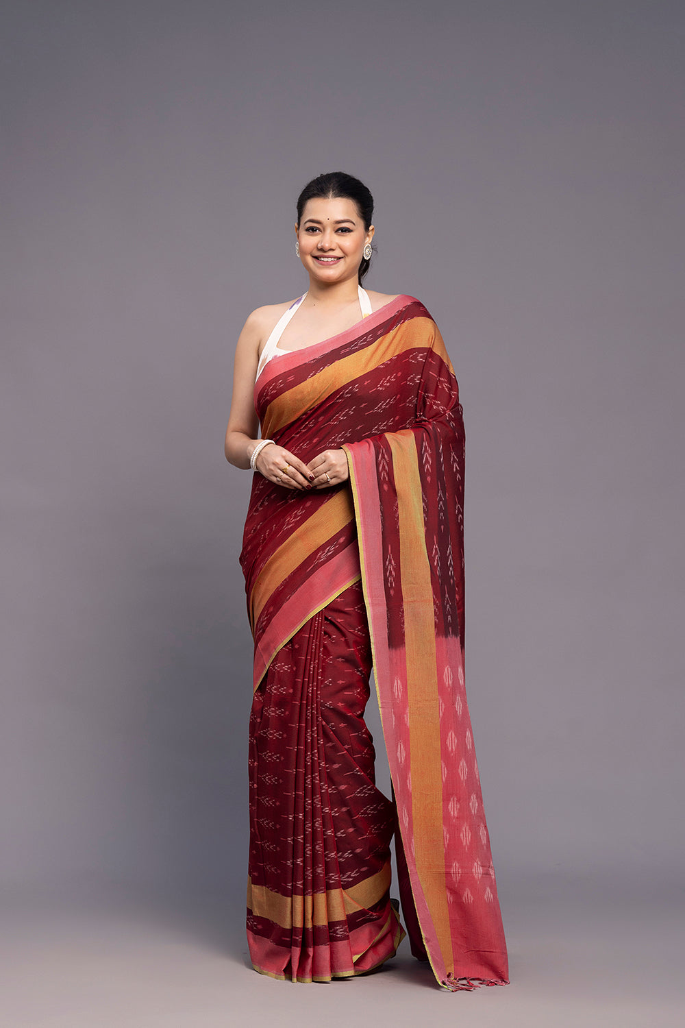Handloom Brick Red Cotton Silk Ikkat Woven Saree