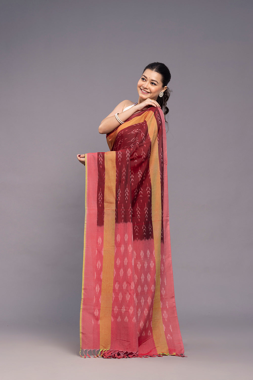 Handloom Brick Red Cotton Silk Ikkat Woven Saree