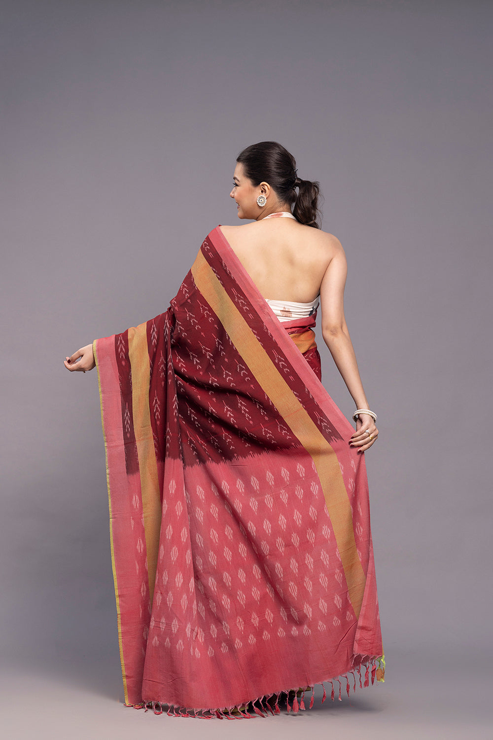 Handloom Brick Red Cotton Silk Ikkat Woven Saree