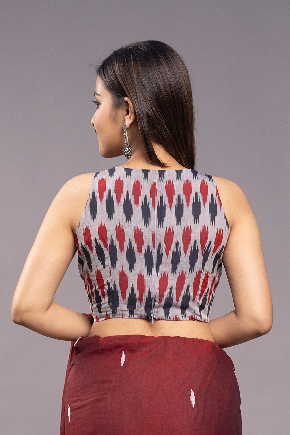 Red & Blue Pure Cotton Ikkat Blouse