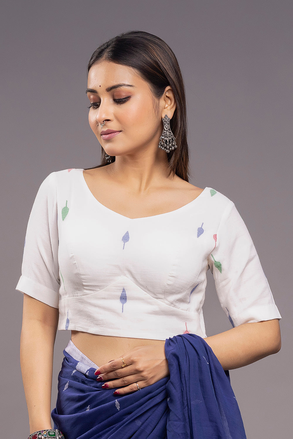 White Pallav Cotton V Neck Blouse