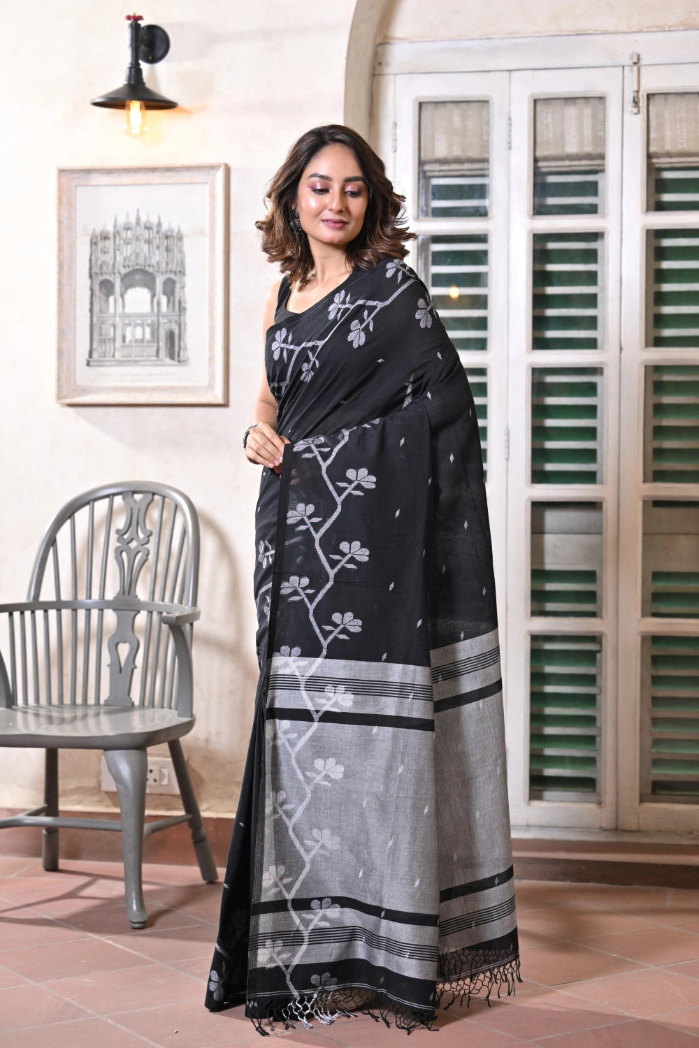 Handloom Black Soft Cotton Jamdani Saree