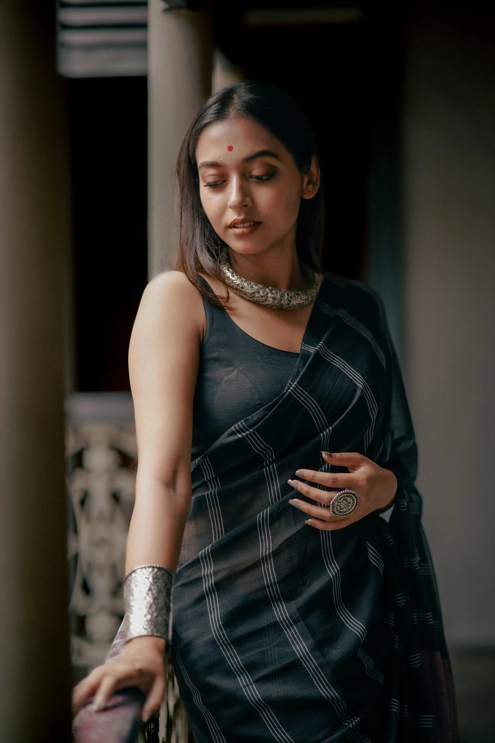 Handloom Black Mulmul Saree with Stripes & Wine Pallu