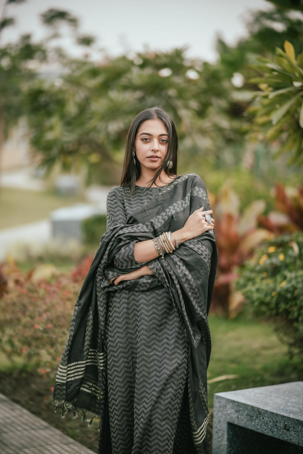 Black Cotton Silk Woven Kurta Set With Dupatta