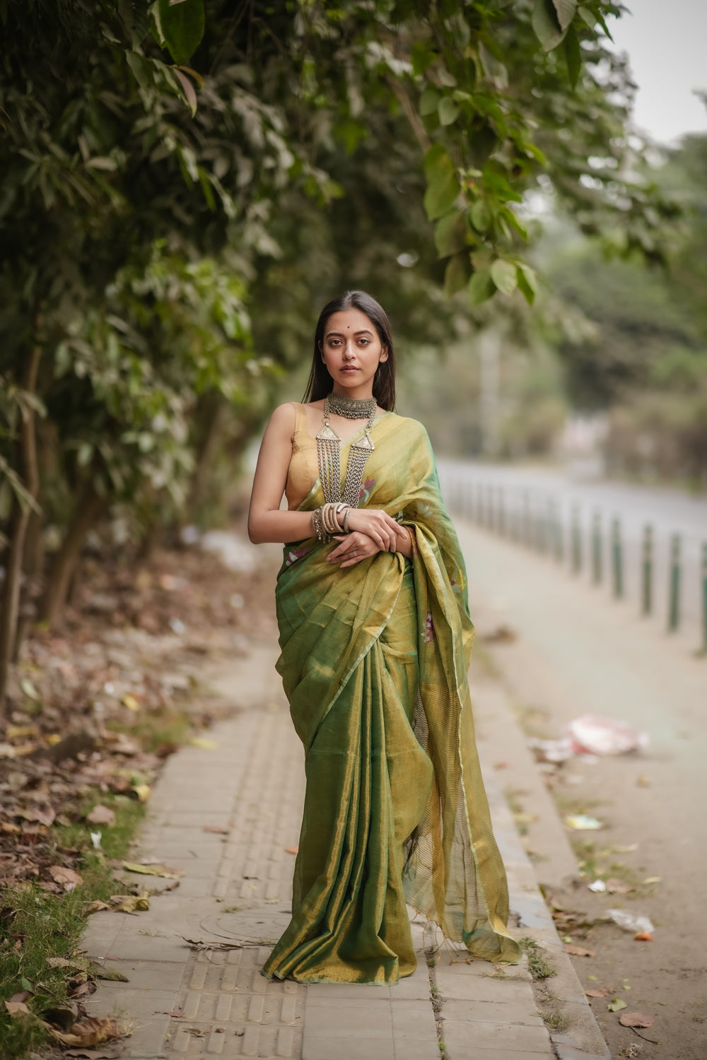 Handloom Green & Gold Tissue Linen Jamdani Saree