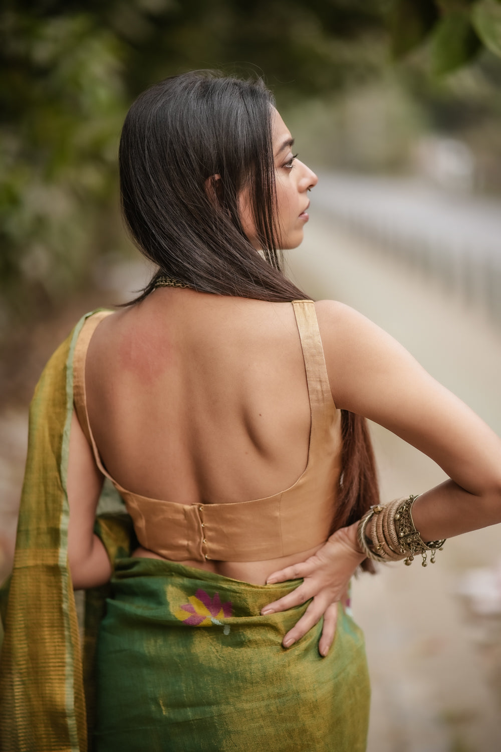 Handloom Green & Gold Tissue Linen Jamdani Saree