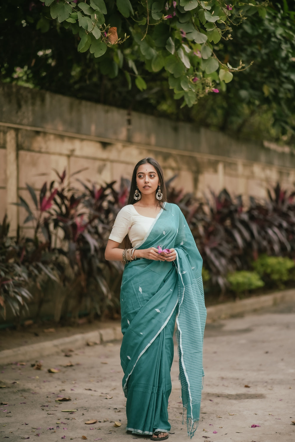 Handloom Aqua Green Mulmul Jamdani Saree