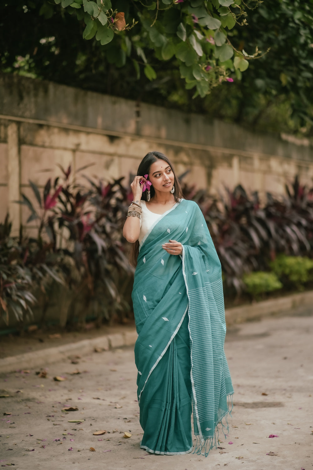 Handloom Aqua Green Mulmul Jamdani Saree