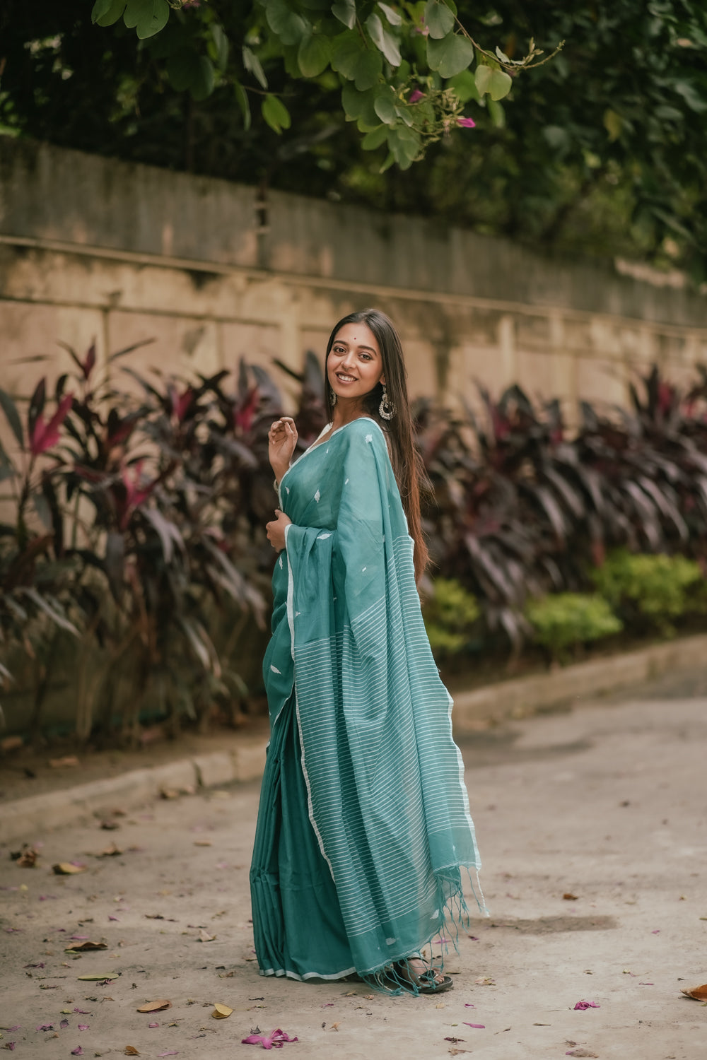 Handloom Aqua Green Mulmul Jamdani Saree