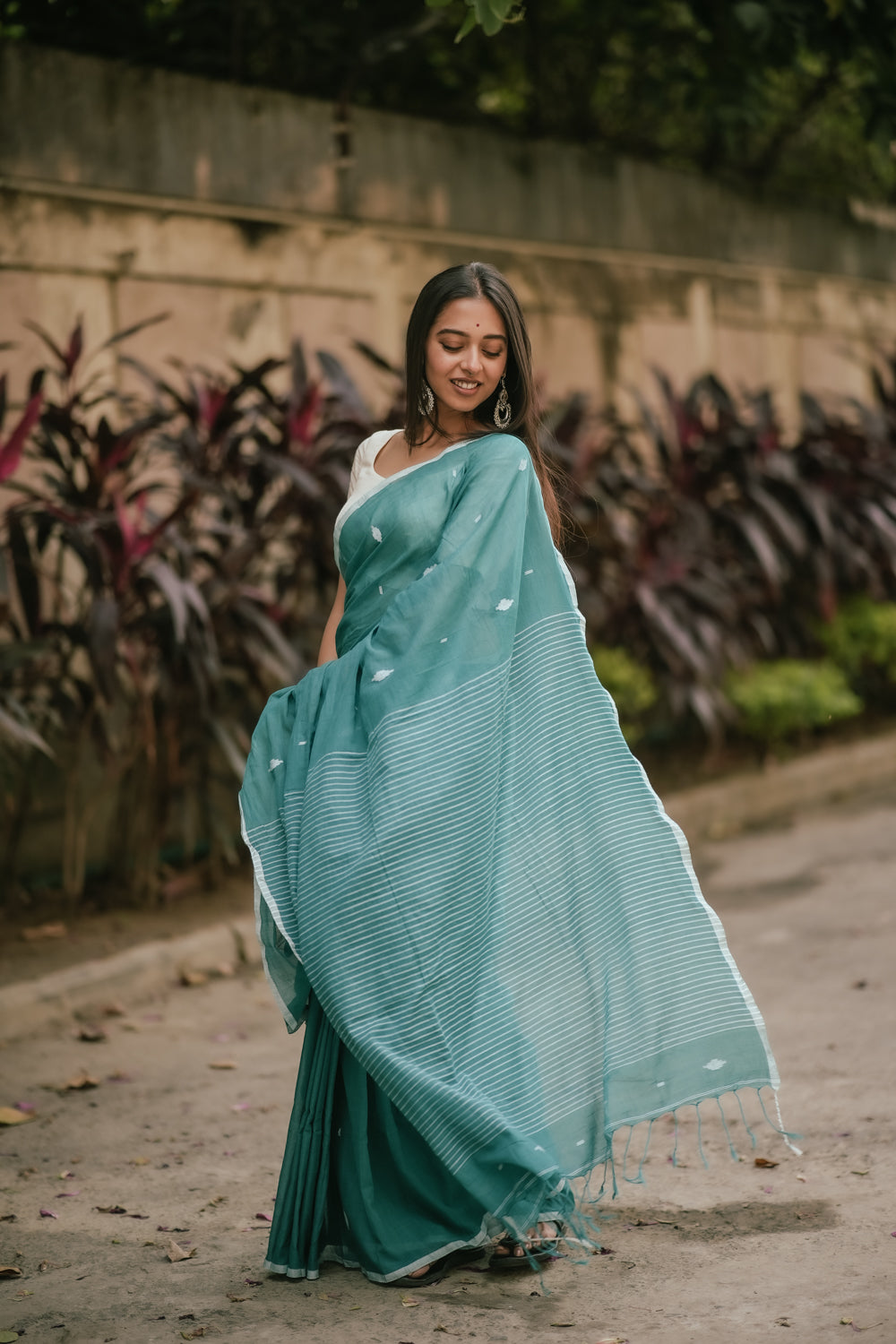 Handloom Aqua Green Mulmul Jamdani Saree