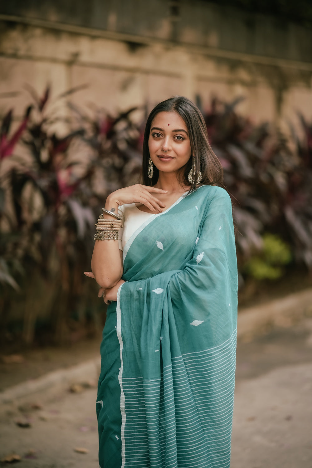 Handloom Aqua Green Mulmul Jamdani Saree