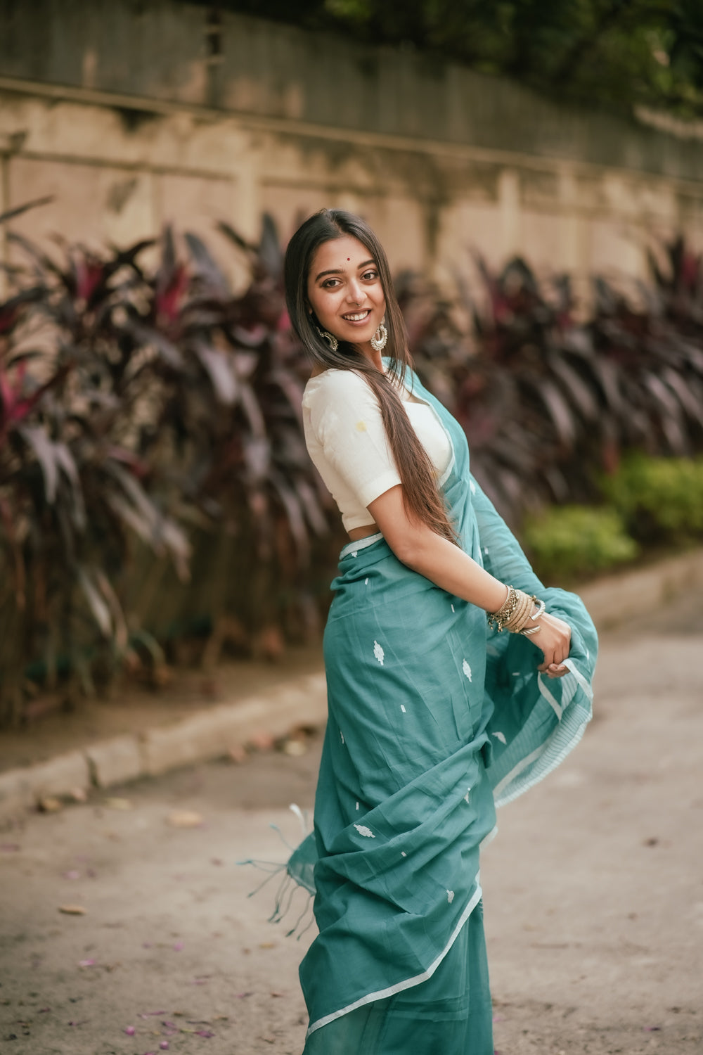 Handloom Aqua Green Mulmul Jamdani Saree