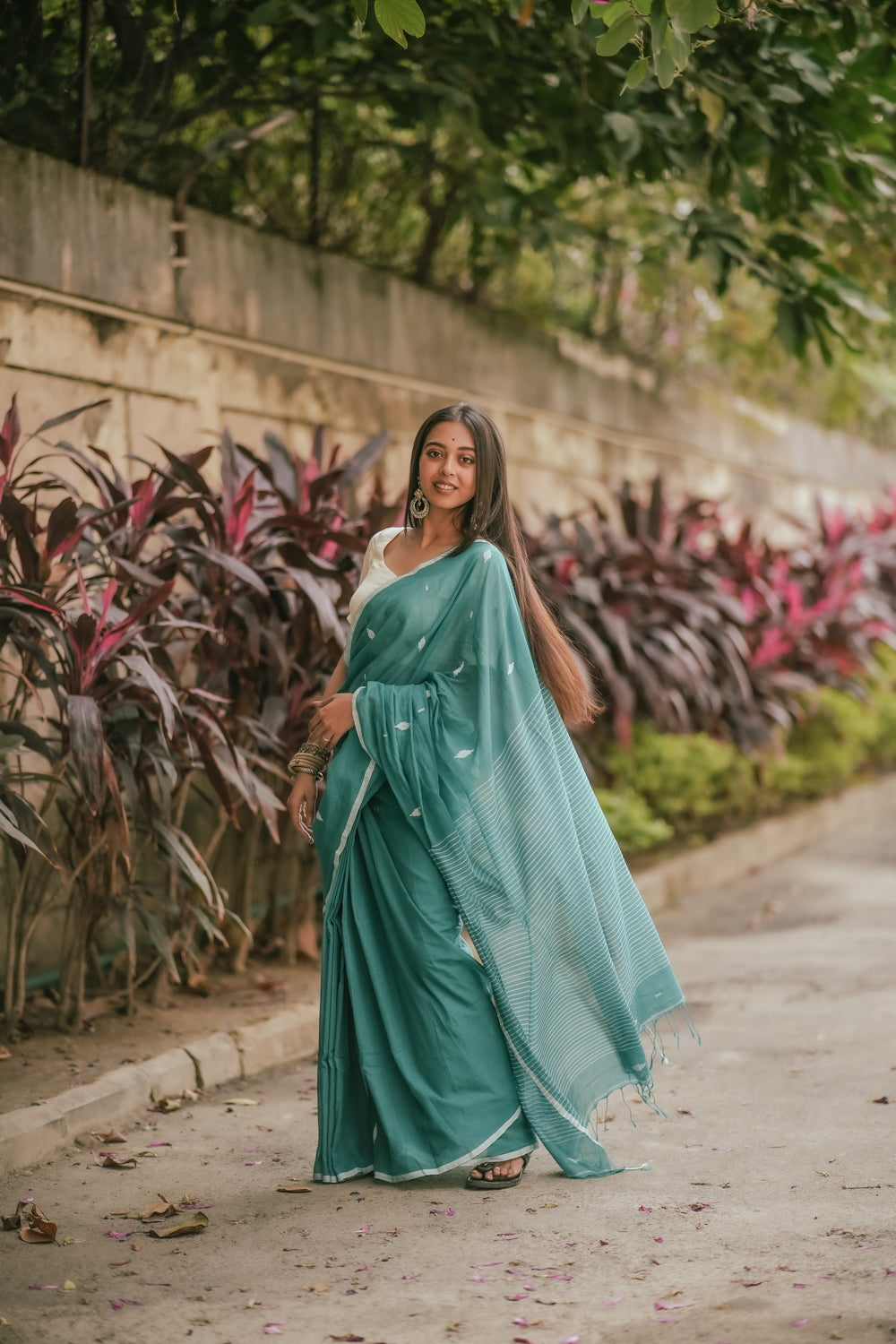 Handloom Aqua Green Mulmul Jamdani Saree