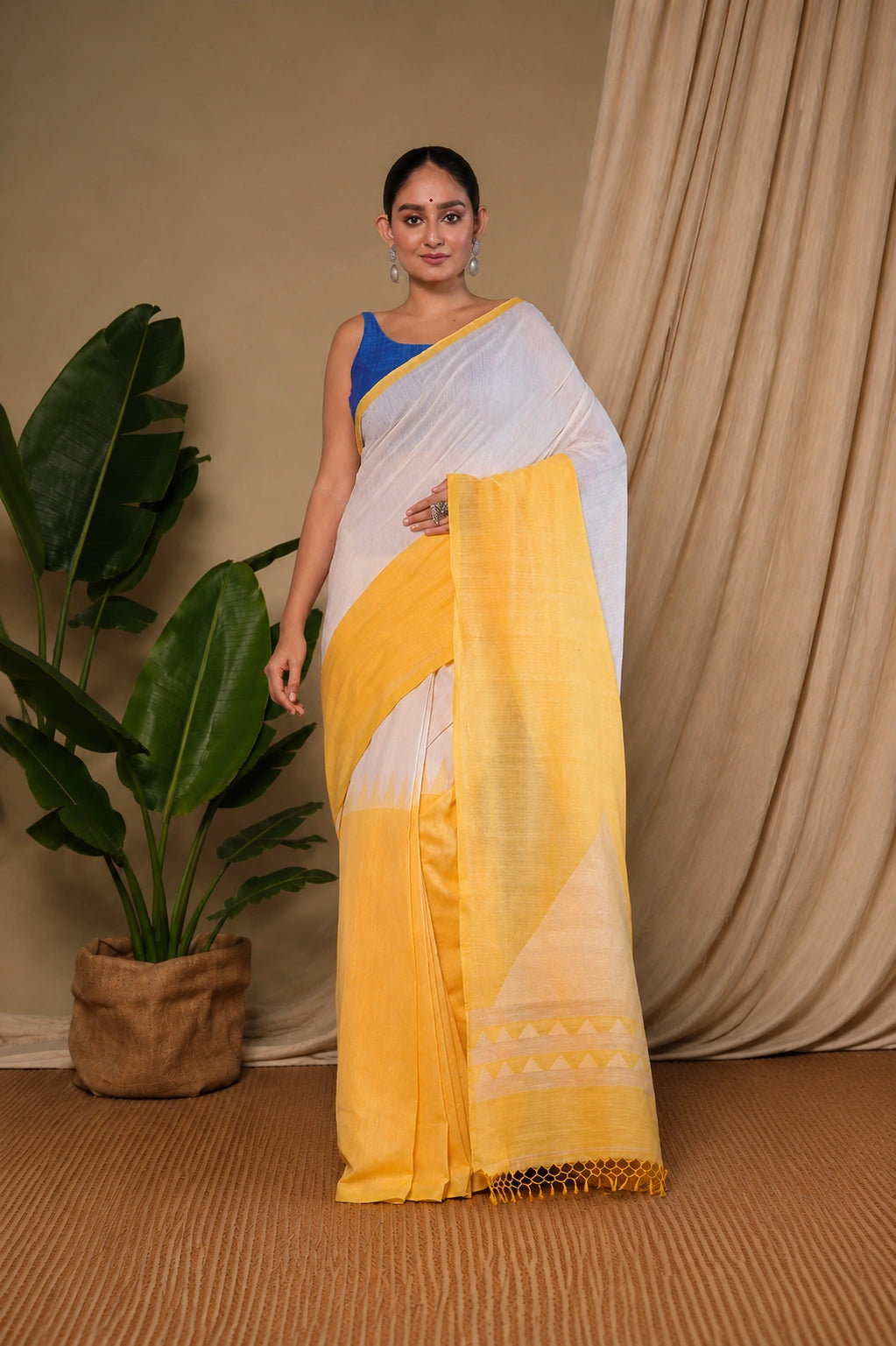 Handloom White & Yellow Soft Cotton Jamdani Saree