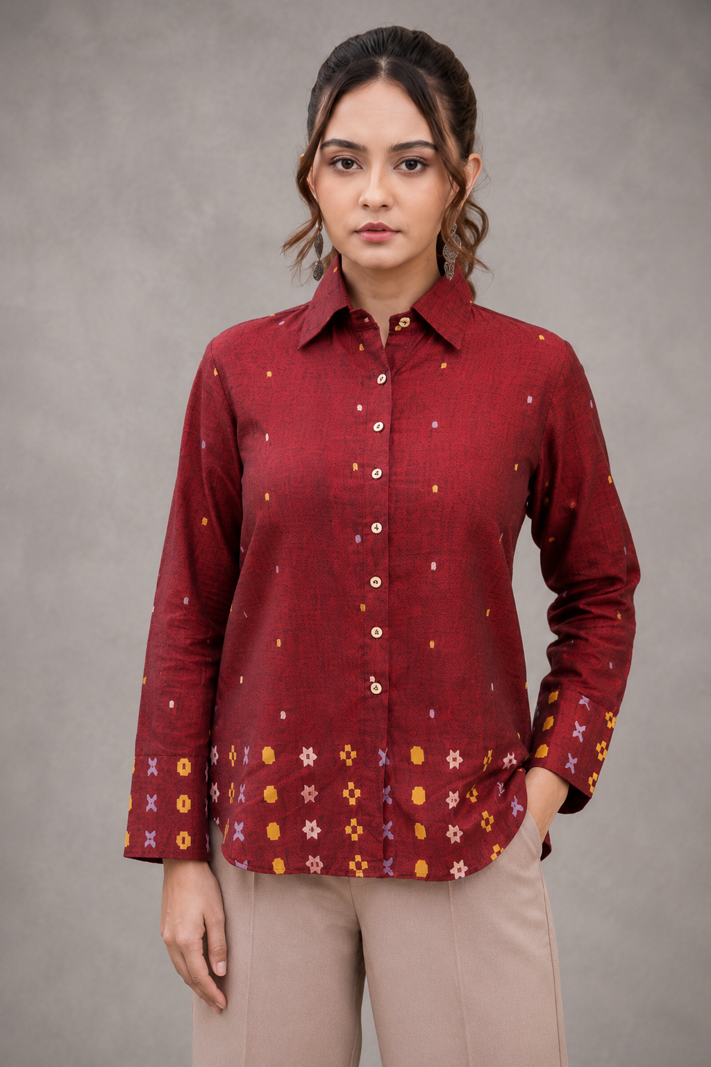 Amara wine handwoven pure cotton Jamdani shirt