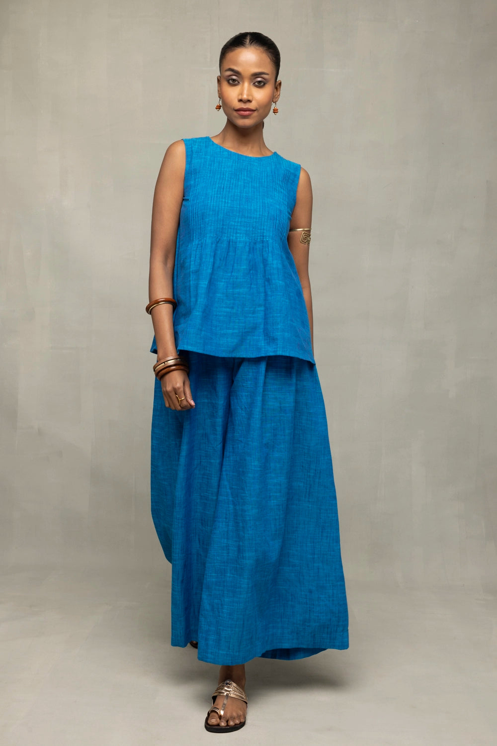 Azure Blue Textured Co-ord Set with Sleeveless Top and Wide Leg Pants