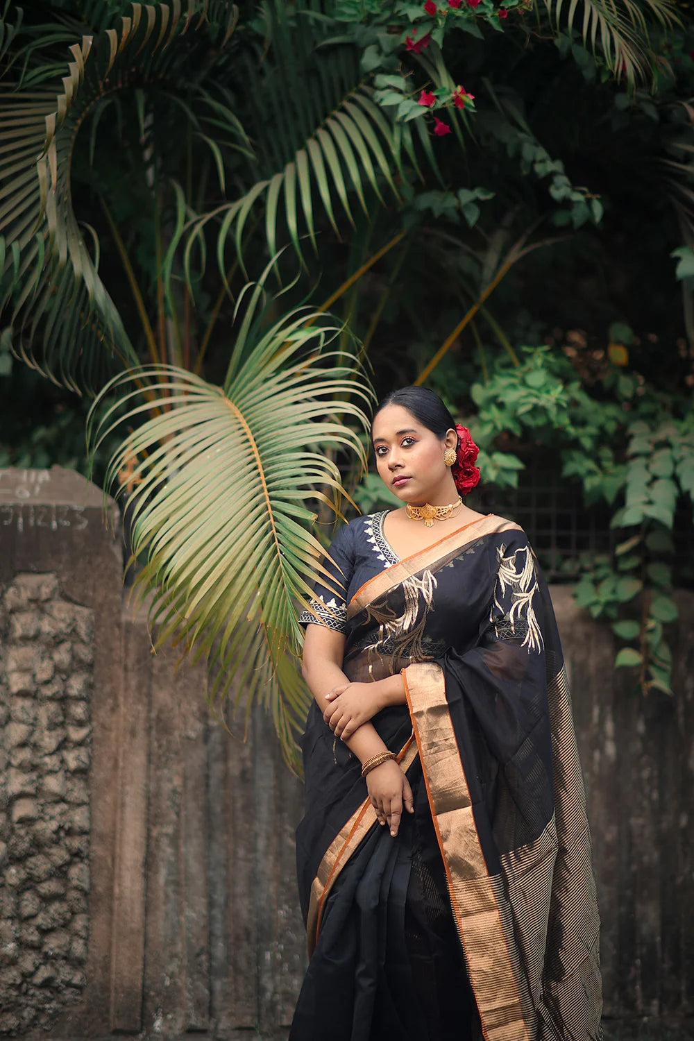 Whispered Black Handblock printed Chanderi Saree