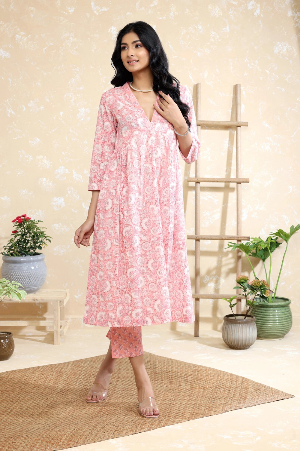 Baby Pink Delicate Floral Block Print Kurta Set for Wedding Guest Wear