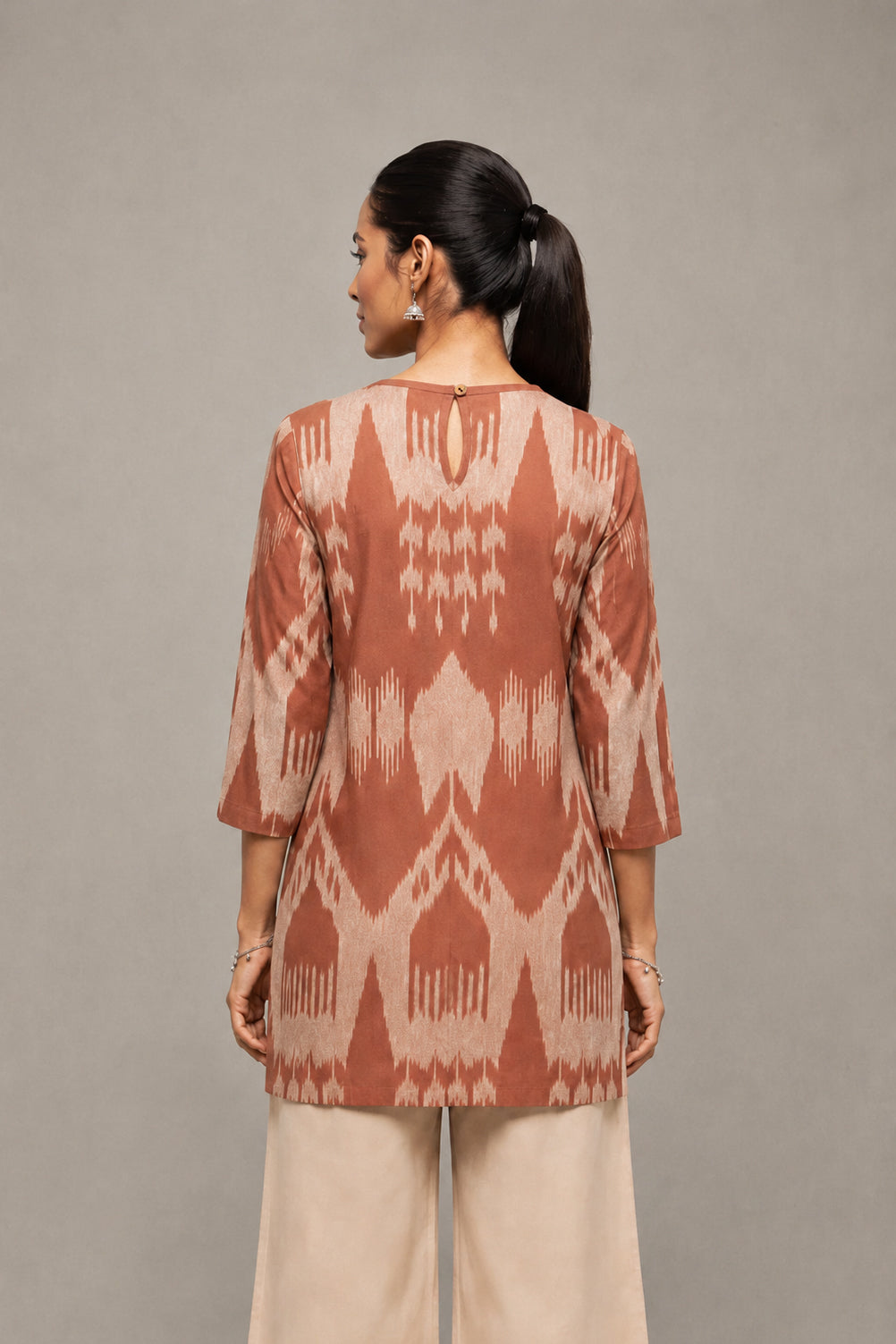 Handloom Brown Abstract Ikkat Short Kurti