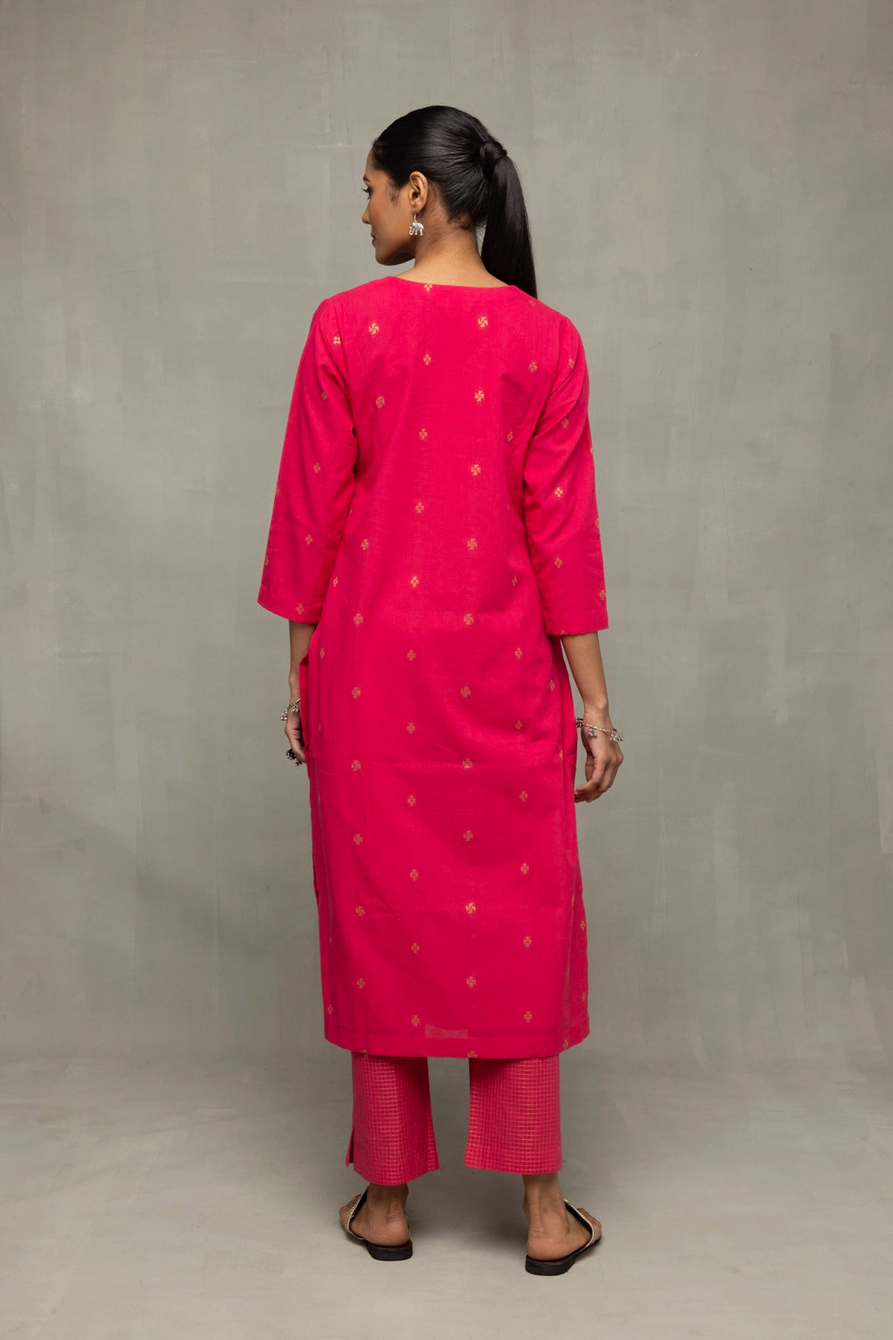 Back View of Amaranth Radiance Hand Woven South Cotton Kurta Set