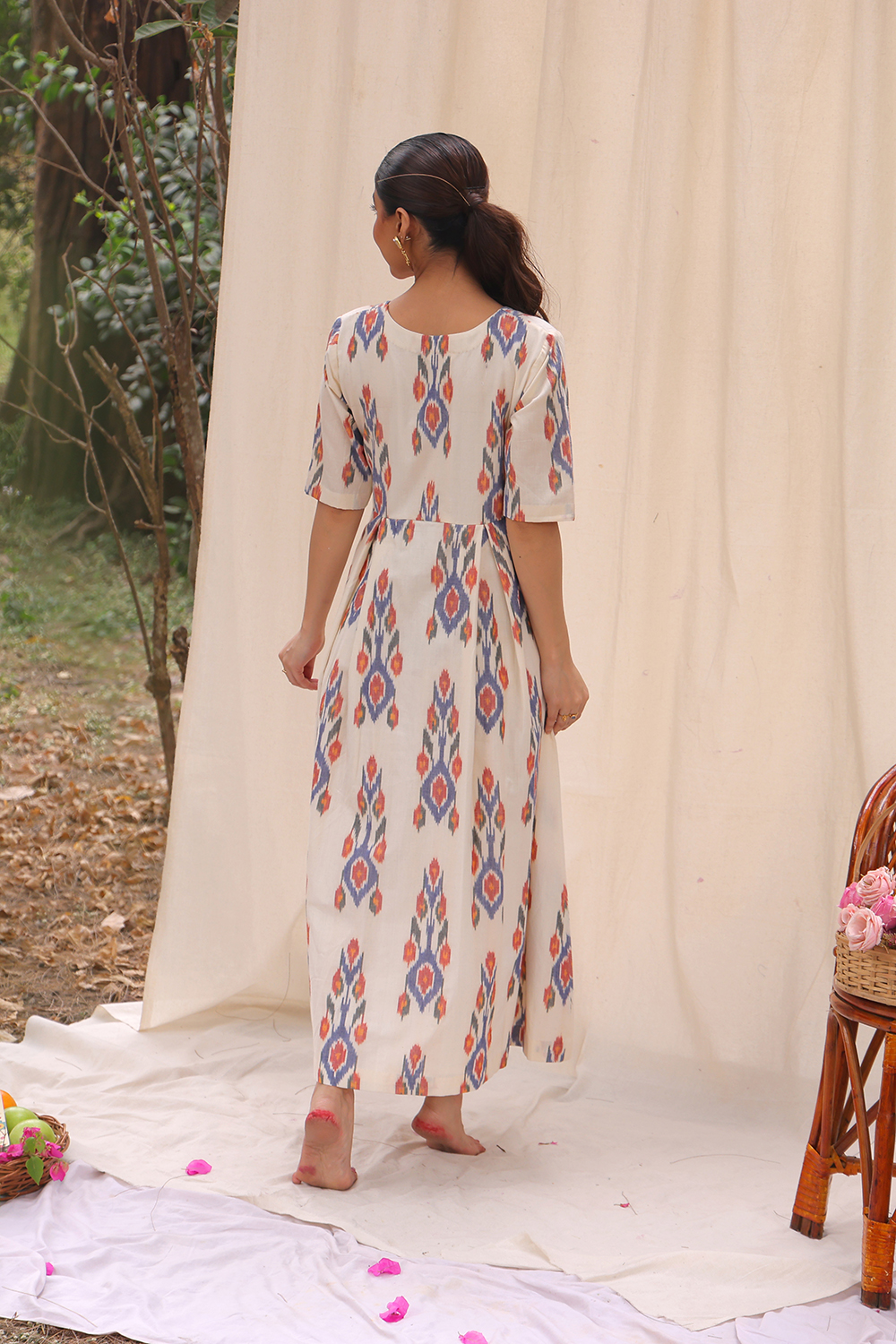 Back View of Amber and Cream Ikkat Cotton Dress