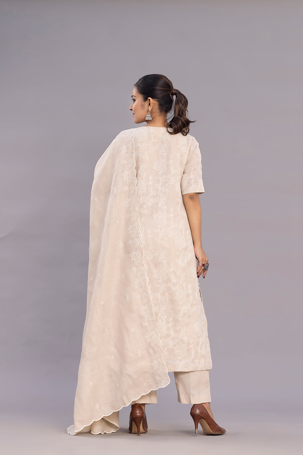 Back View of Beige Linen Embroidered Kurta Set with Dupatta