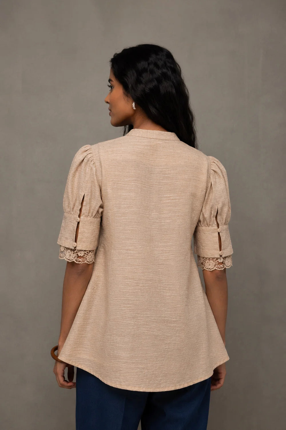 Back View of Beige Pure Cotton Buttoned Top