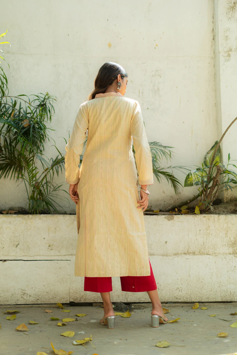 Back View of Beige Red Pure South Cotton Woven Kurta Set with Dupatta