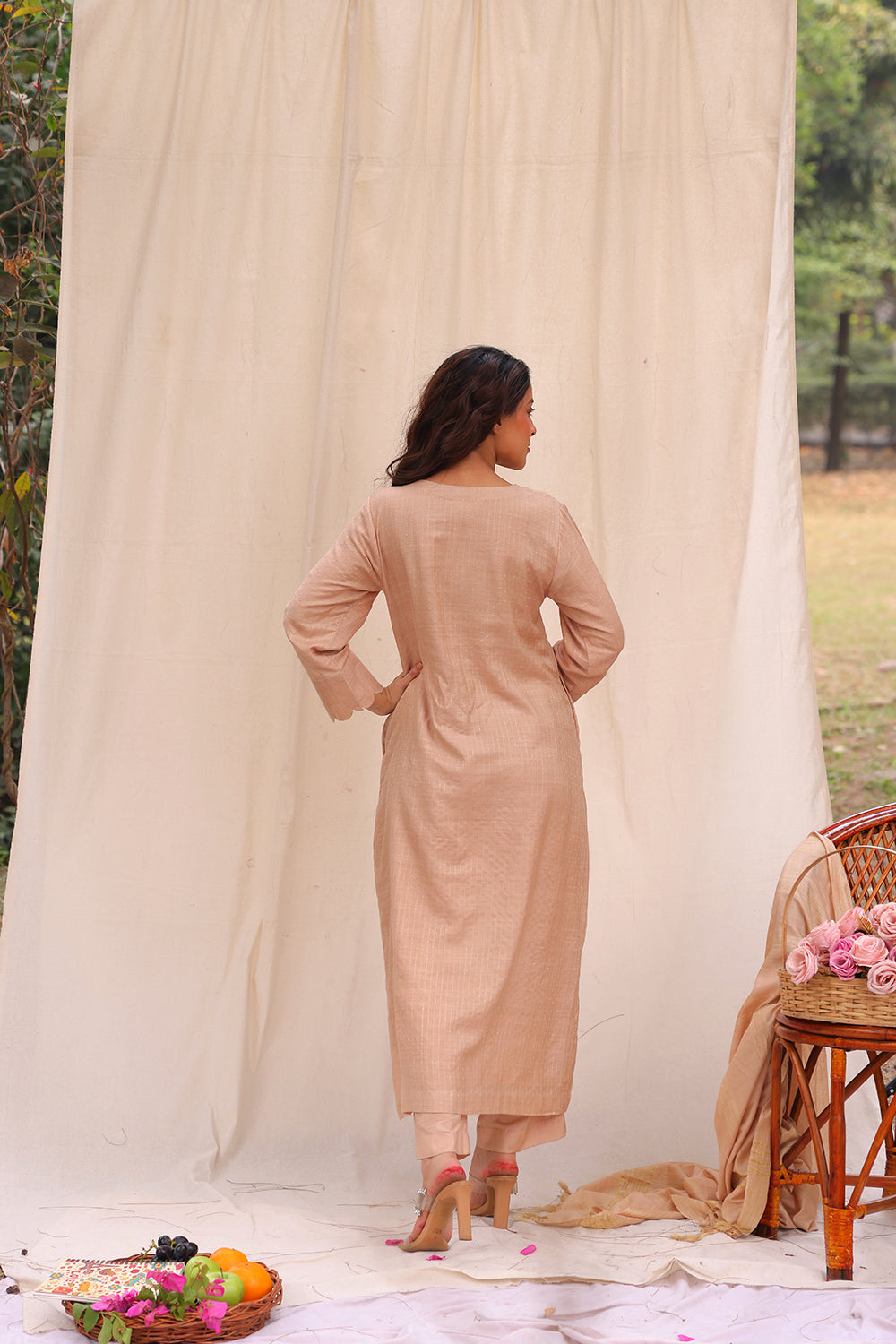Back View of Beige Soft Cotton Silk Woven Kurta Set with Dupatta