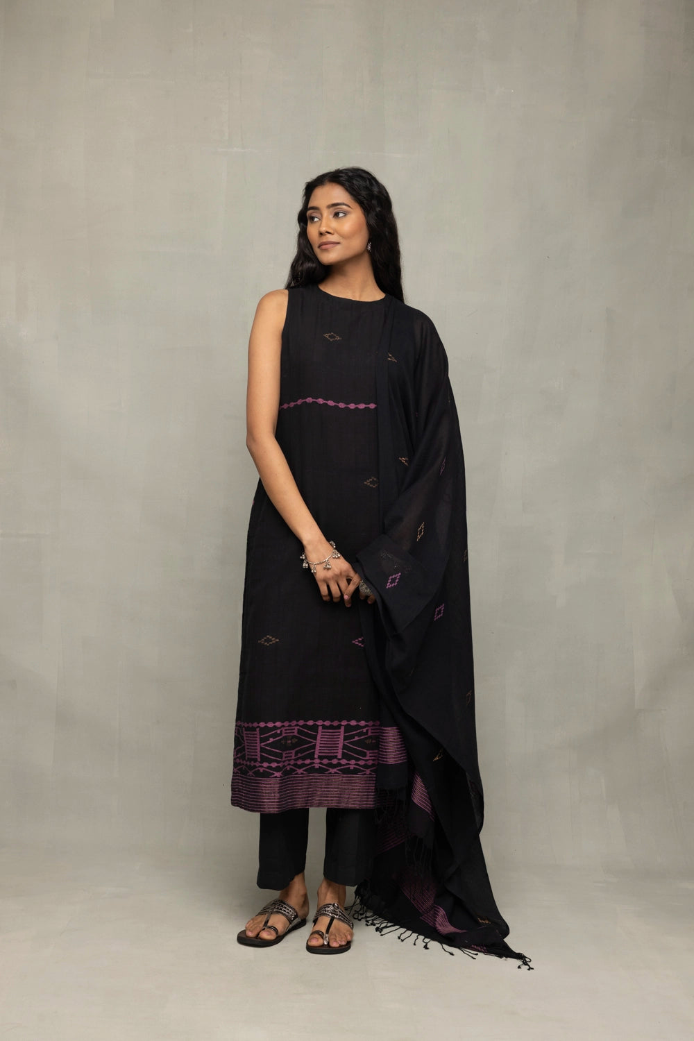 Back View of Black Handloom Jamdani Kurta Set with Dupatta