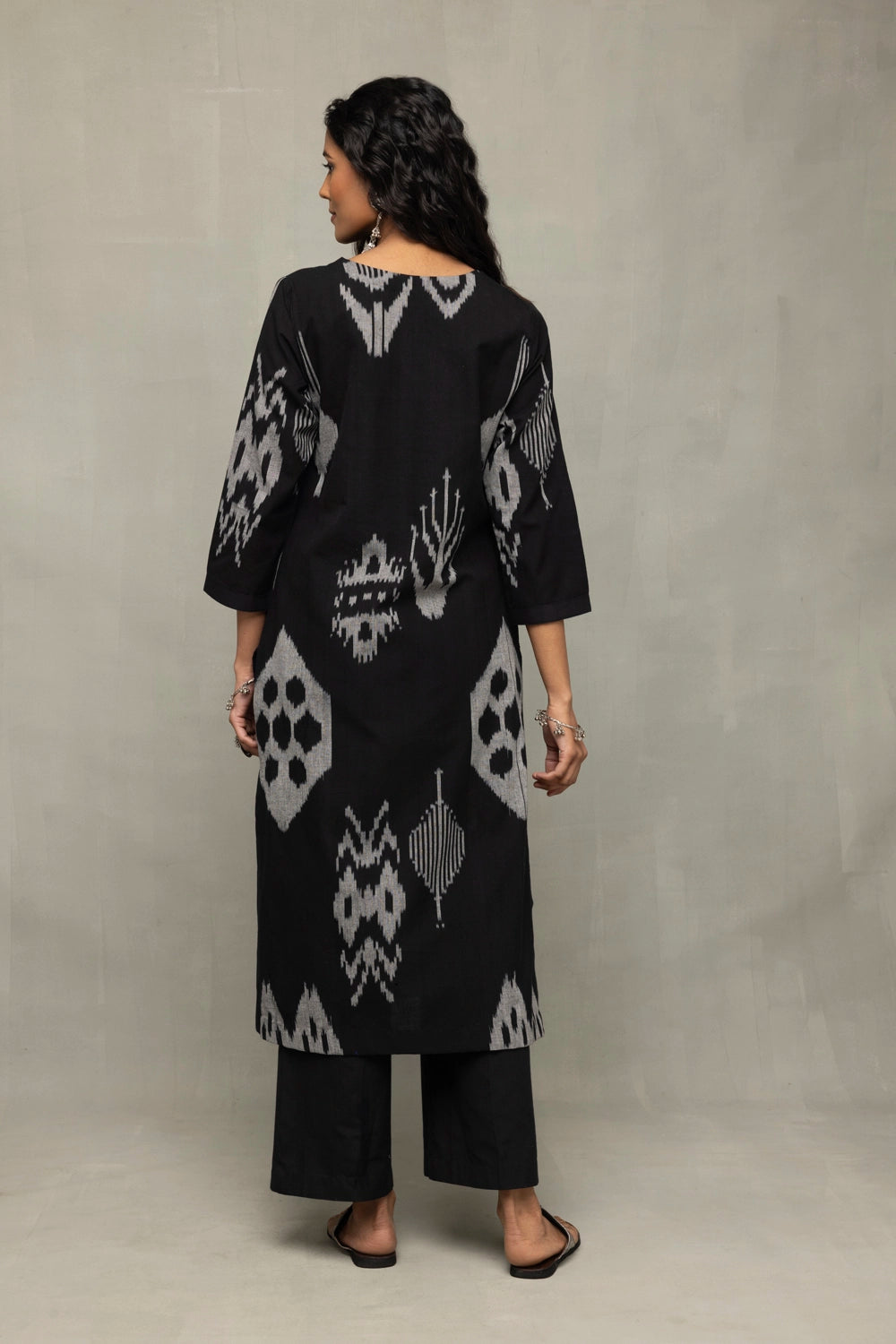 Back View of Black Ikat Kurta Set with Dupatta