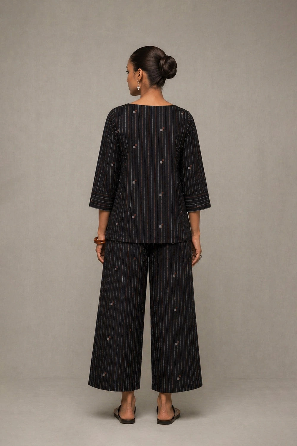 Back View of Black Jamdani Co-ord Set with Metallic Bronze Silver Motifs