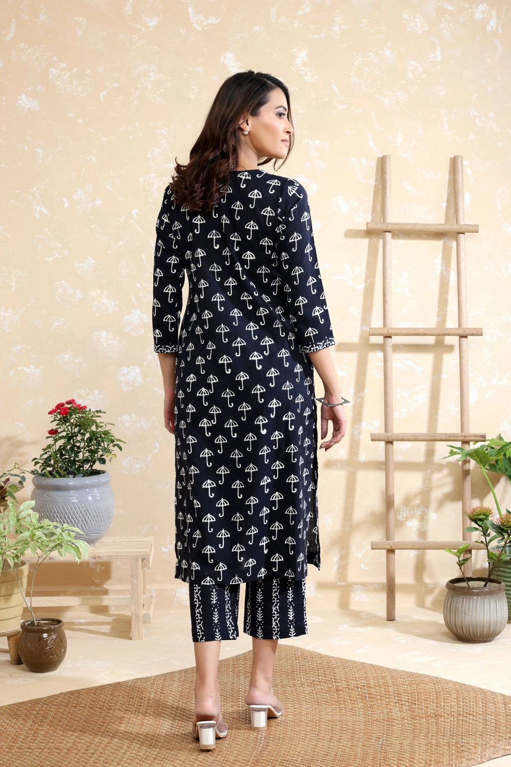 Back View of Black Pure Cotton Umbrella Block Print Kurta Set