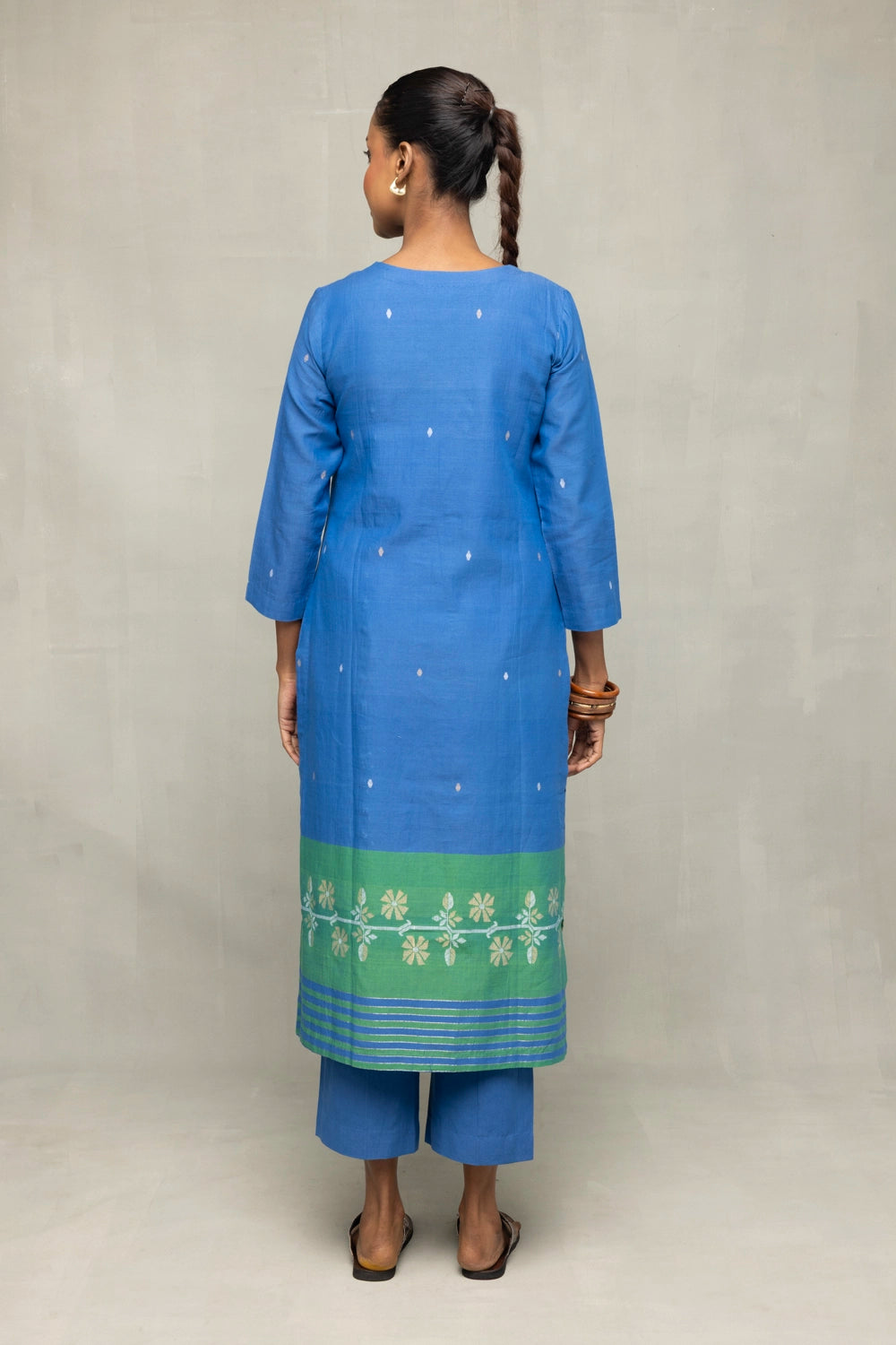Back View of Blue and Green Jamdani Kurta Set with Dupatta