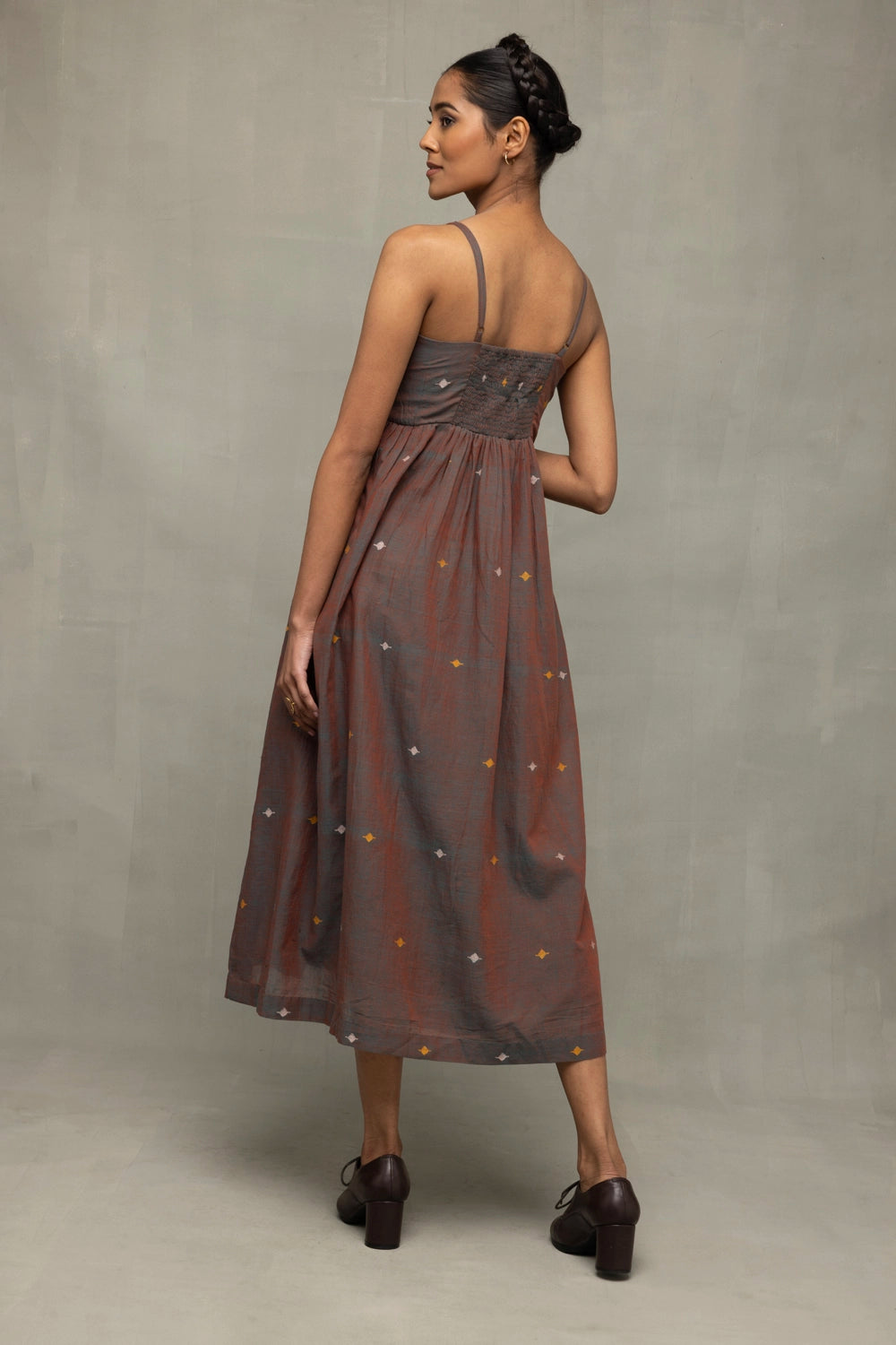 Back View of Brown Duo Tone Jamdani Hand Woven Midi Dress