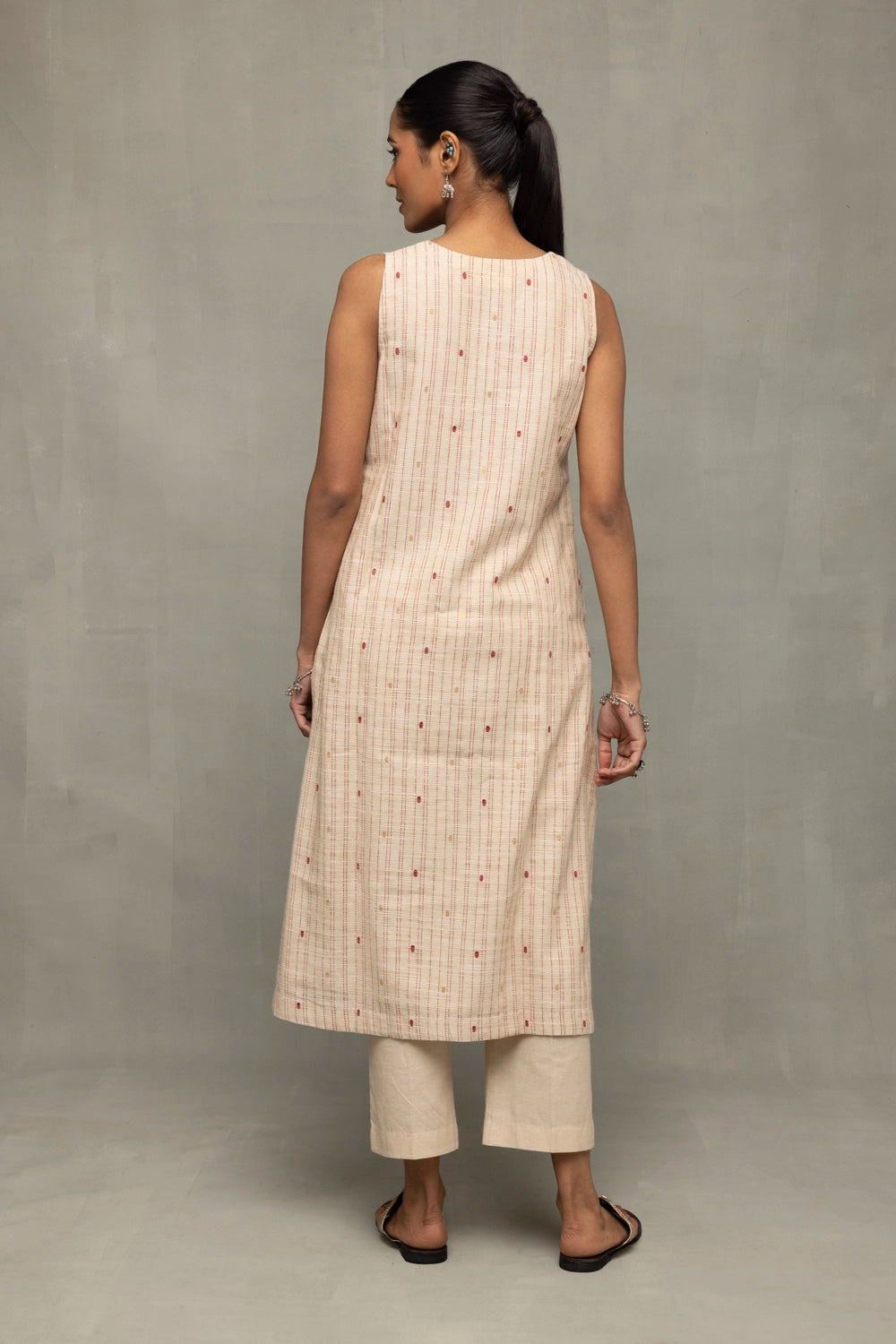 Back View of Cream and Pink South Cotton Zari Kurta Set with Dupatta