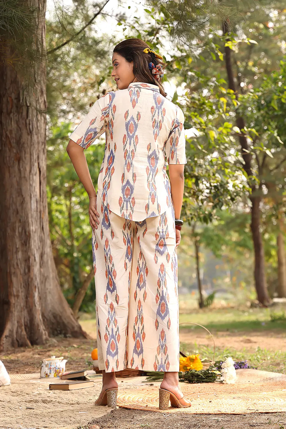 Back View of Cream Pure Cotton Ikat Co-ord Set