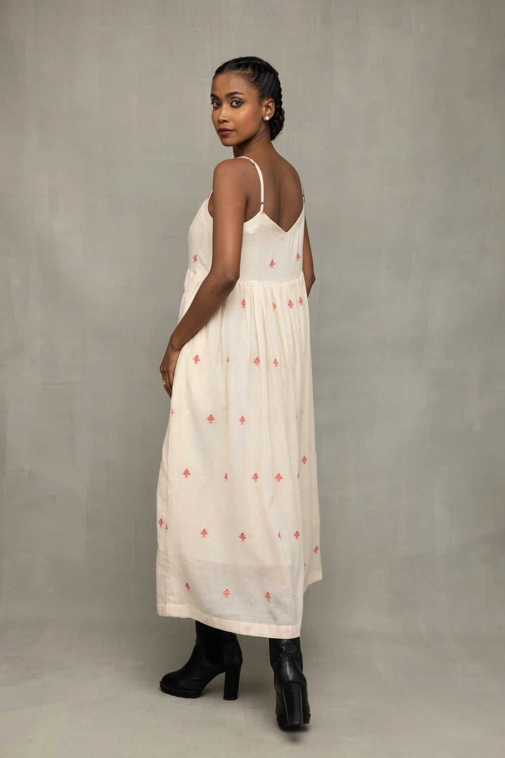 Back View of Cream and Red Dheki Pure Cotton Jamdani Dress