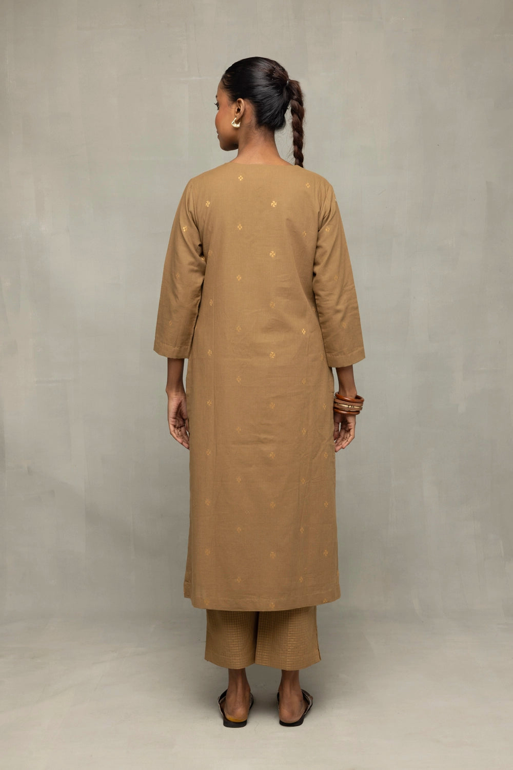 Back View of Damp Sand Kurta Set with Dupatta