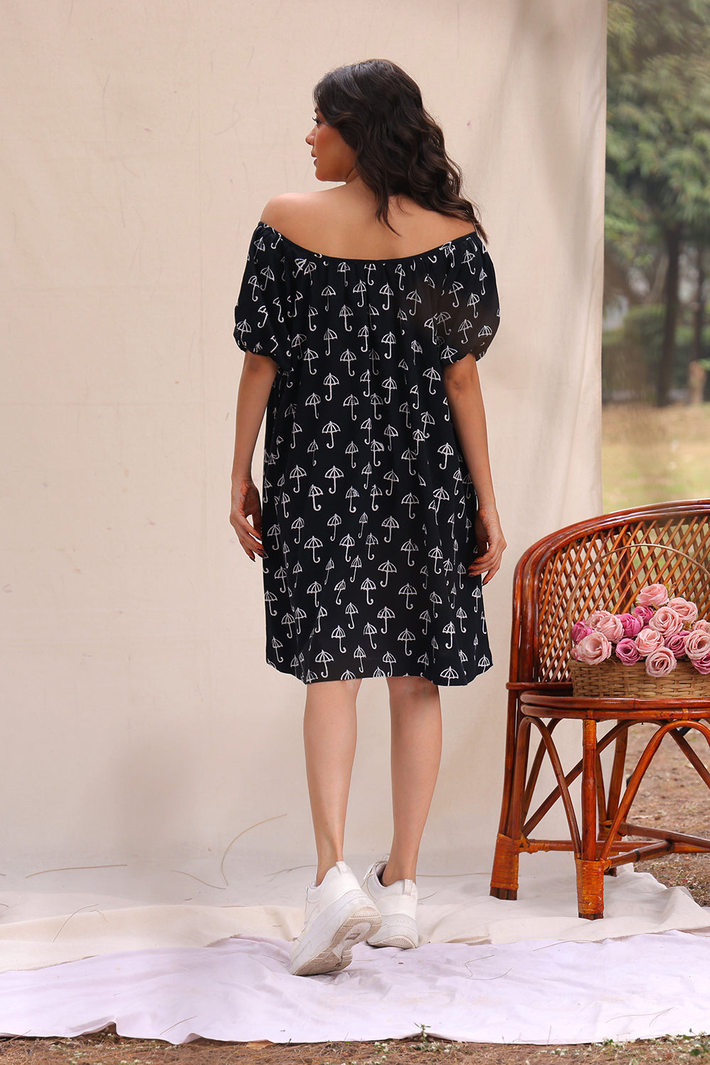 Back View of Drizzle Black Block Print Cotton Dress