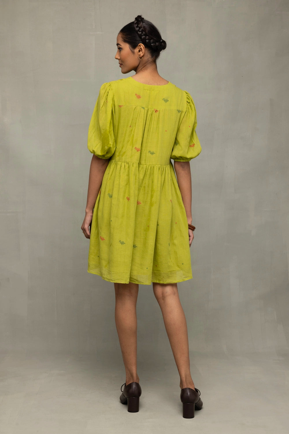 Back View of Green Pakhi Pure Cotton Jamdani Dress