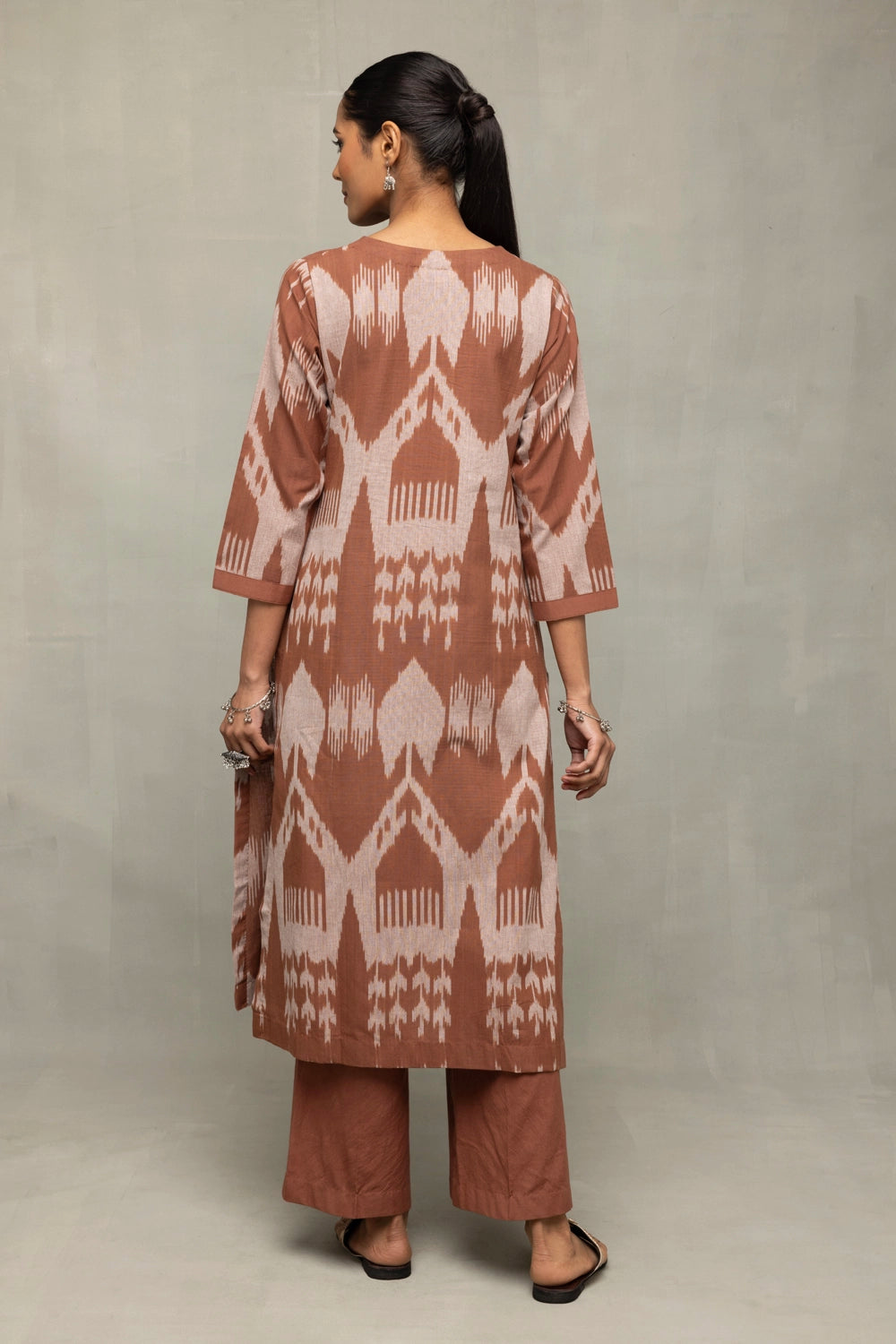 Back View of Handloom Chocolate Brown Abstract Ikkat Co-ord Set