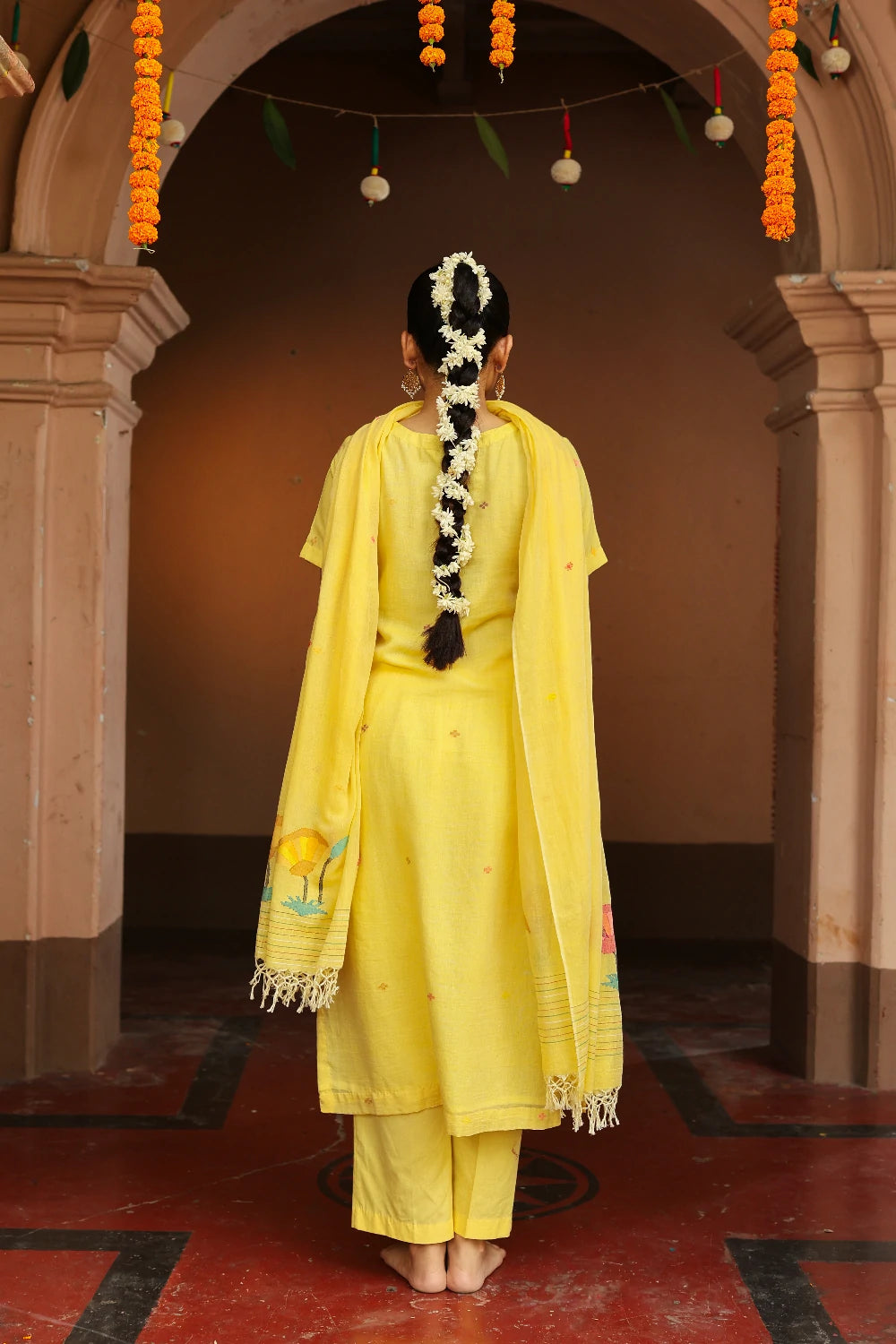 Back View of Handloom Yellow Pure Cotton Jamdani Kurta Set with Dupatta
