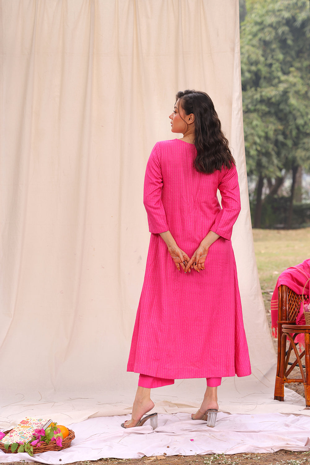 Back View of Hot Pink Soft Cotton Silk Woven Kurta Set with Dupatta