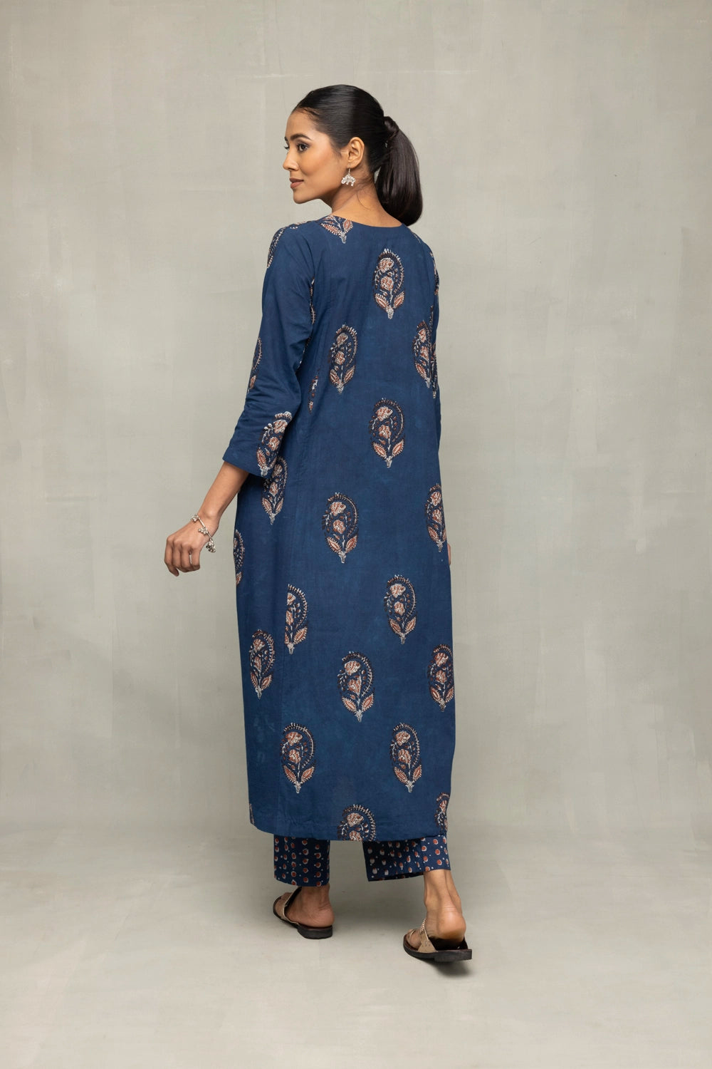 Back View of Indigo Hand Block Printed Kurta Set with Dupatta