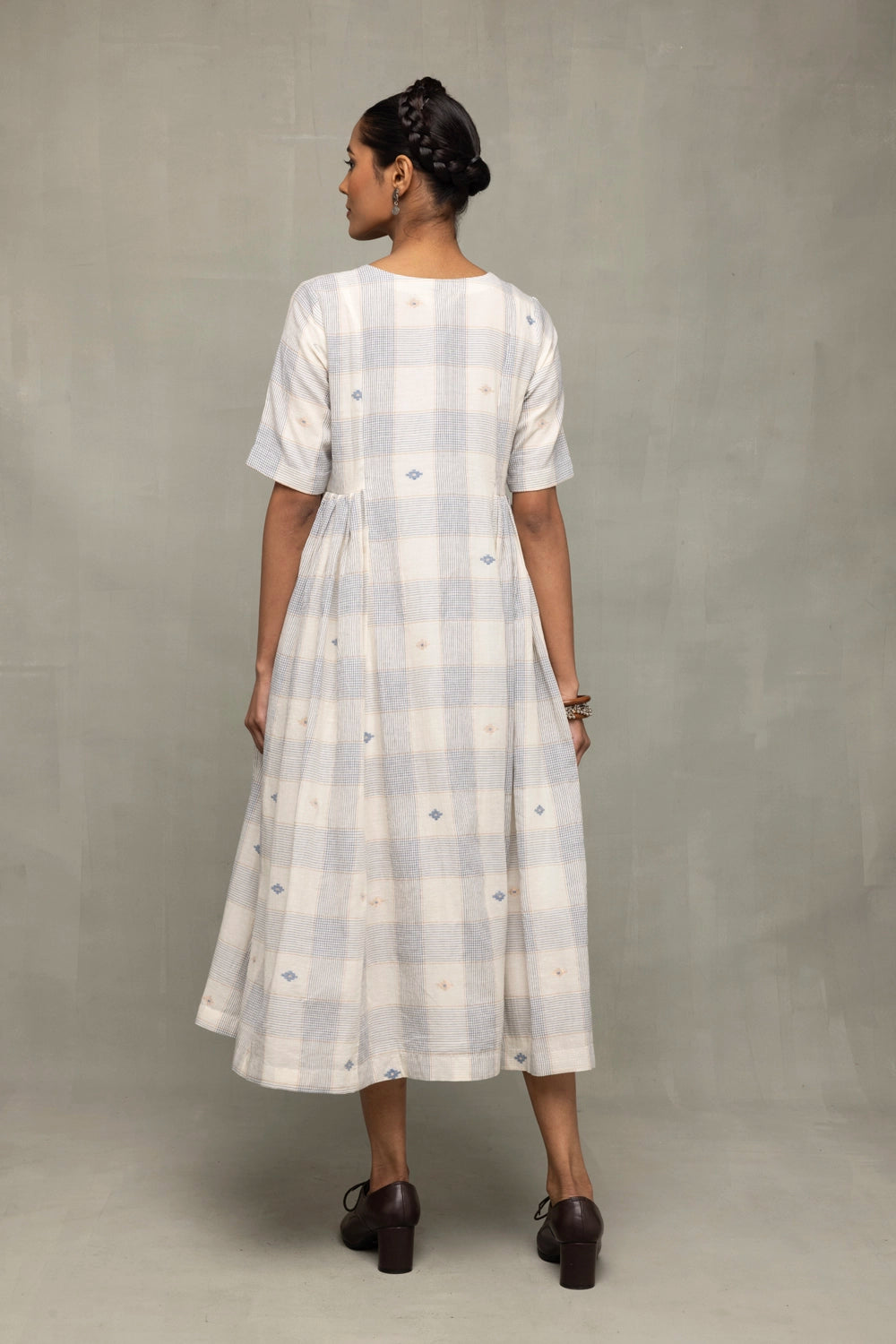 Back View of Ivory and Blue Checkered Jamdani Dress