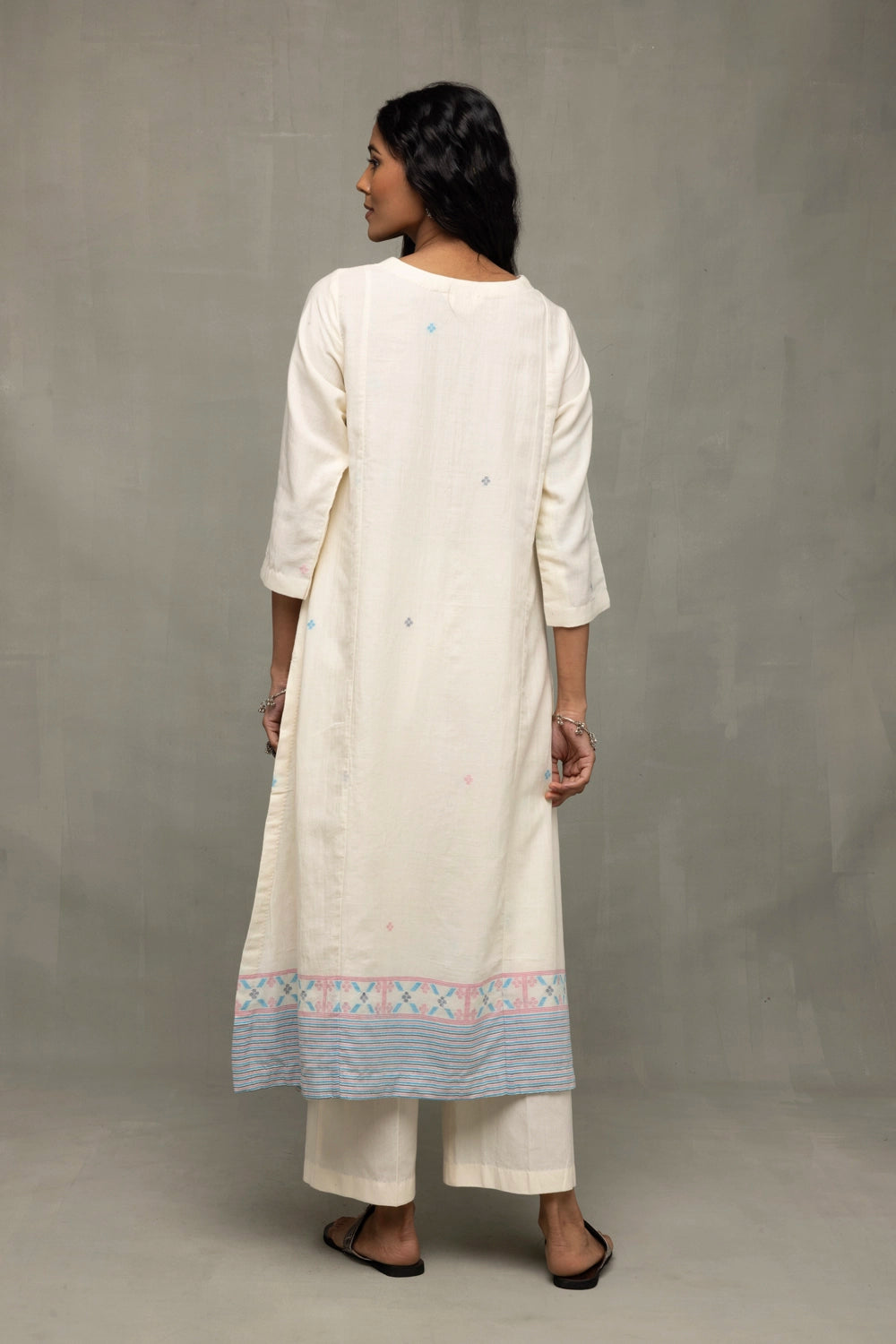 Back View of Ivory Jamdani Kurta Set with Stripes Dupatta