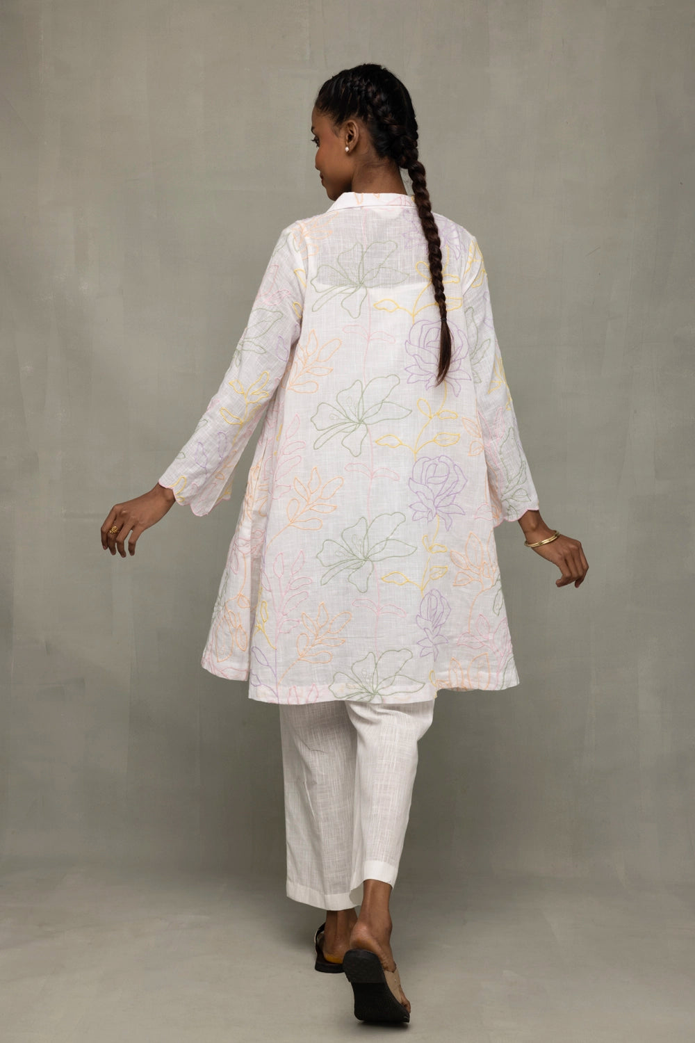 Back View of Ivory South Cotton Floral Embroidered Co-ord Set