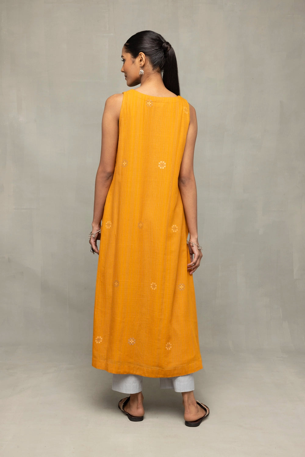 Back View of Mustard Moonlight Jamdani Kurta Set with Dupatta