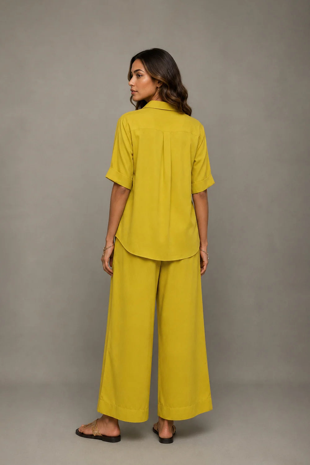 Back View of Mustard Yellow Co-ord Shirt and Wide Leg Pant Set